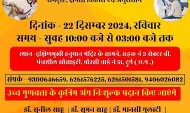 *नि:शुल्क स्वास्थ्य शिविर - 22 दिसंबर प्रातः 10 से अपरांत 3 बजे* तक का आयोजन *सम दृष्टि क्षमता विकास एवं अनुसंधान केंद्र* दुर्ग एवं *आरोग्य भारती* द्वारा  *दक्षिण मुखि हनुमान मंदिर* के सामने, *पंचशील सोसायटी, सड़क 3, सेक्टर B, बोरसी,* दुर्ग में आयोजित किया जा रहा है जिसमें विशेषकर दिव्यांग जनो की सेवा कार्य में लगे दुर्ग के सामाजसेवी माननीय *गणेशशंकर देशपान्डे* एवं *सक्षम छत्तीसगढ़* प्रांत के संगठन मंत्री *श्री रामजी राजवाडे* उपस्थिति रहेंगे